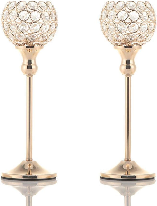 VINCIGANT Gold Crystal Candle Holders Set of 2 for Fireplace Coffee Table Mantle Decor,Wedding Home Halloween Decoration Centerpieces
