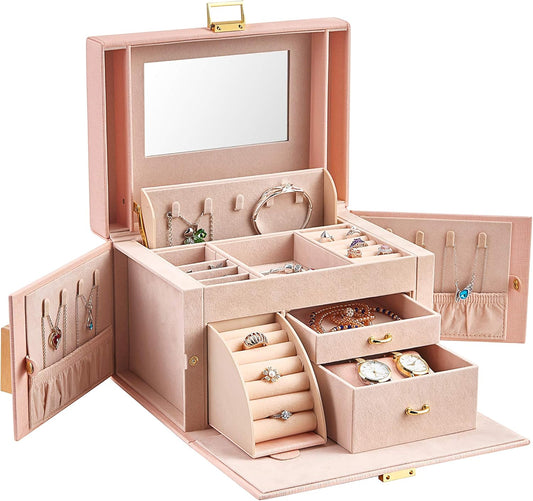 RIRO Jewelry Box for Women, Faux Leather Jewelry Organizer Box with 2 Drawers, Lockable Jewelry Storage Case with Mirror, Storing for Watch Necklace Ring Earring Bracelet, Gift (Pink)