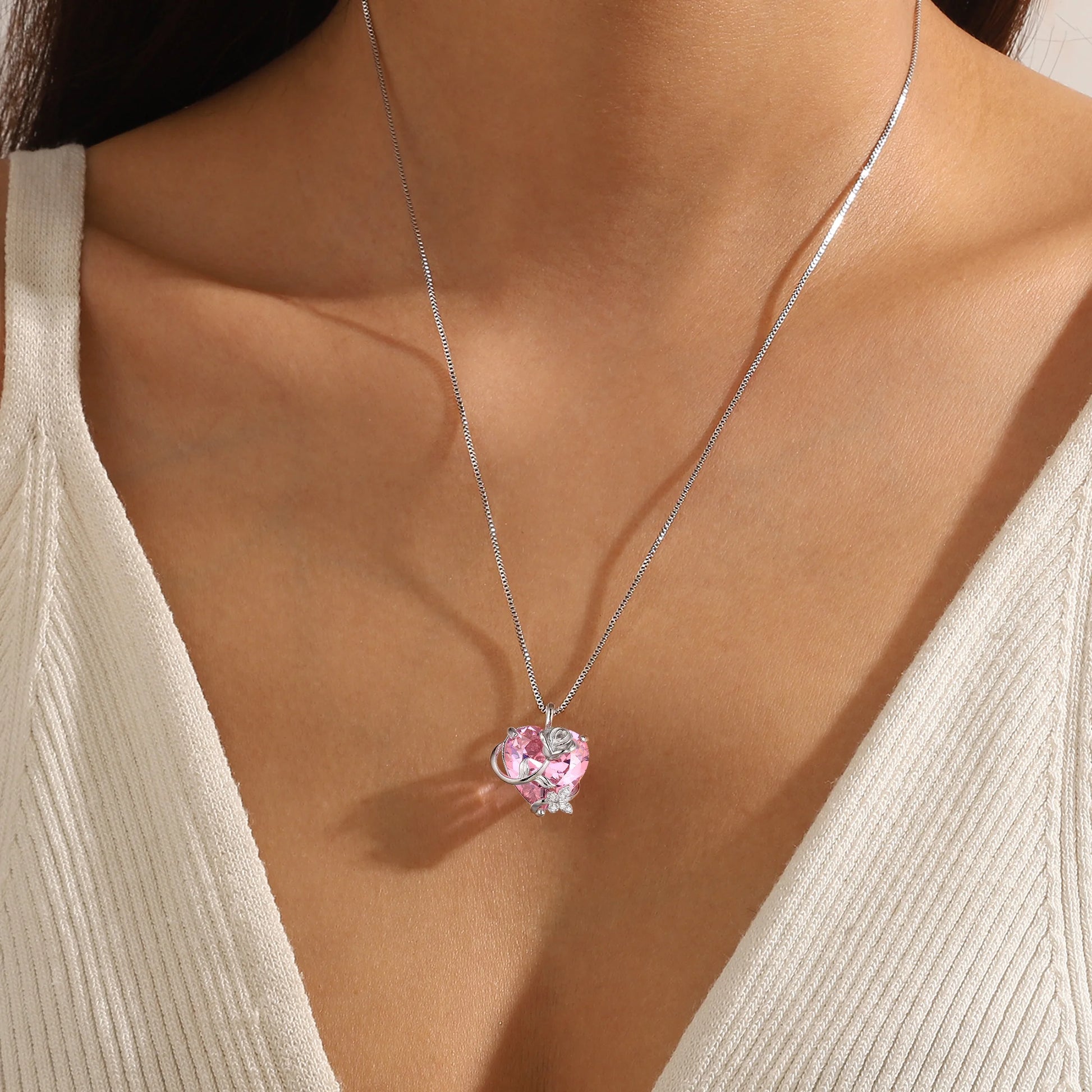 15MM Women Rose Heart Necklace October Birthstone 925 Sterling Silver Butterfly Flower Pendant Pink Tourmaline Jewelry Mother Valentine'S Day Gifts