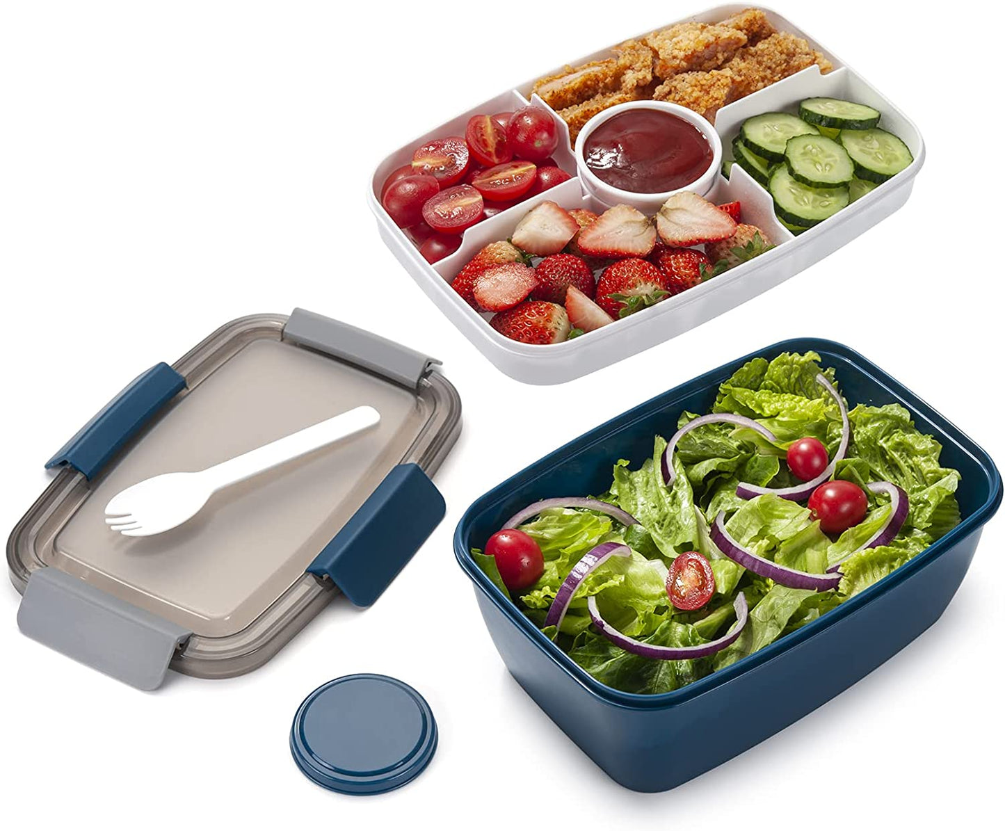 Freshmage Salad Lunch Container to Go, 52-Oz Salad Bowls with 3 Compartments, Salad Dressings Container for Salad Toppings, Snacks, Men, Women (Blue)