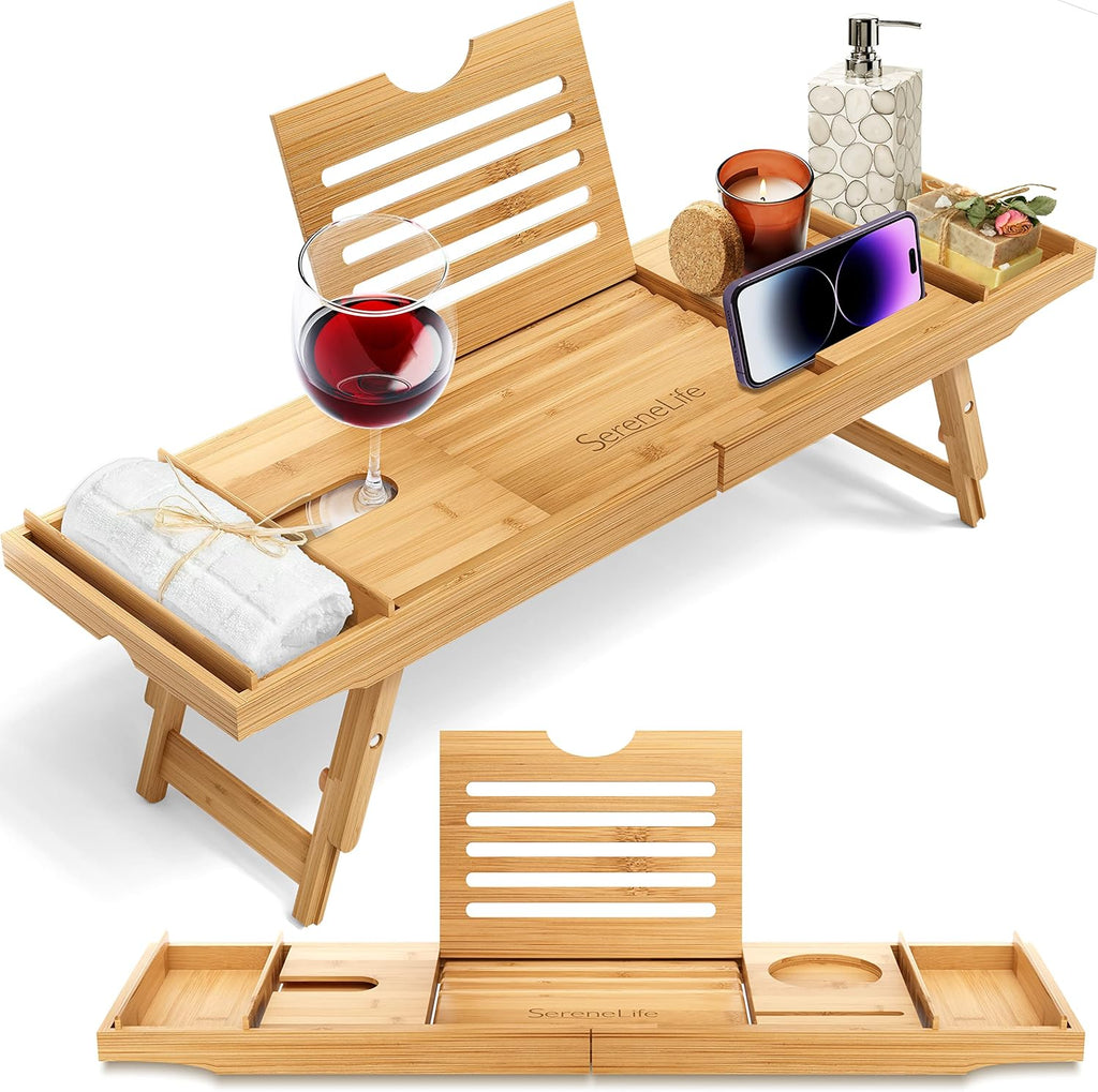 Serenelife Bath Caddy Breakfast Tray Combo - Natural Bamboo Wood Waterproof Tub and Bed with Folding Slide-Out Arms, Device Grooves, Wine Glass Soap Holder