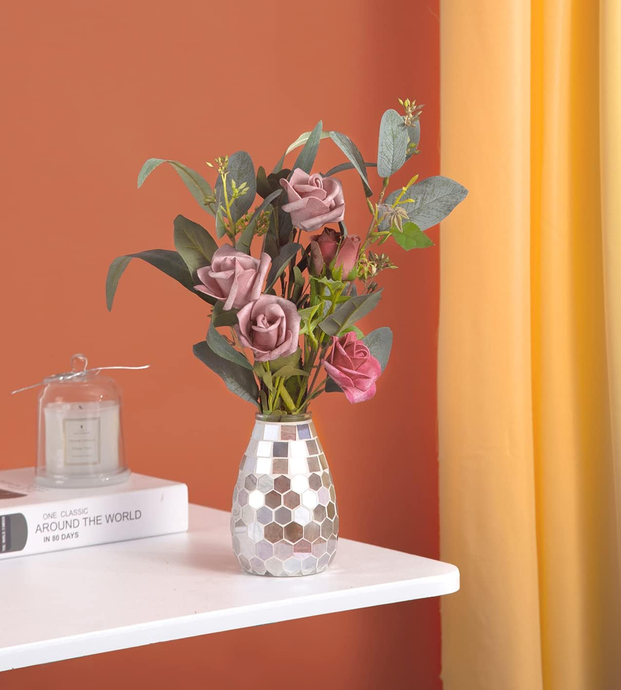 Small Flower Vase for Home Decor, 5" Mosaic Handmade Table Centerpiece Mosaic Accent Container for Office, Living Room, Kitchen, Wedding (Shell Hive)