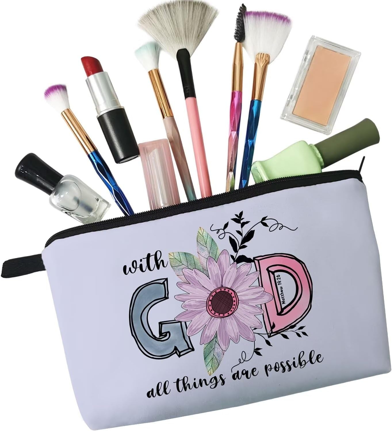 Bible Quotes Makeup Bag Small Organizer Zipper Pouch with God All Things Are Possible Cosmetic Bag Christian Present for Women Friends