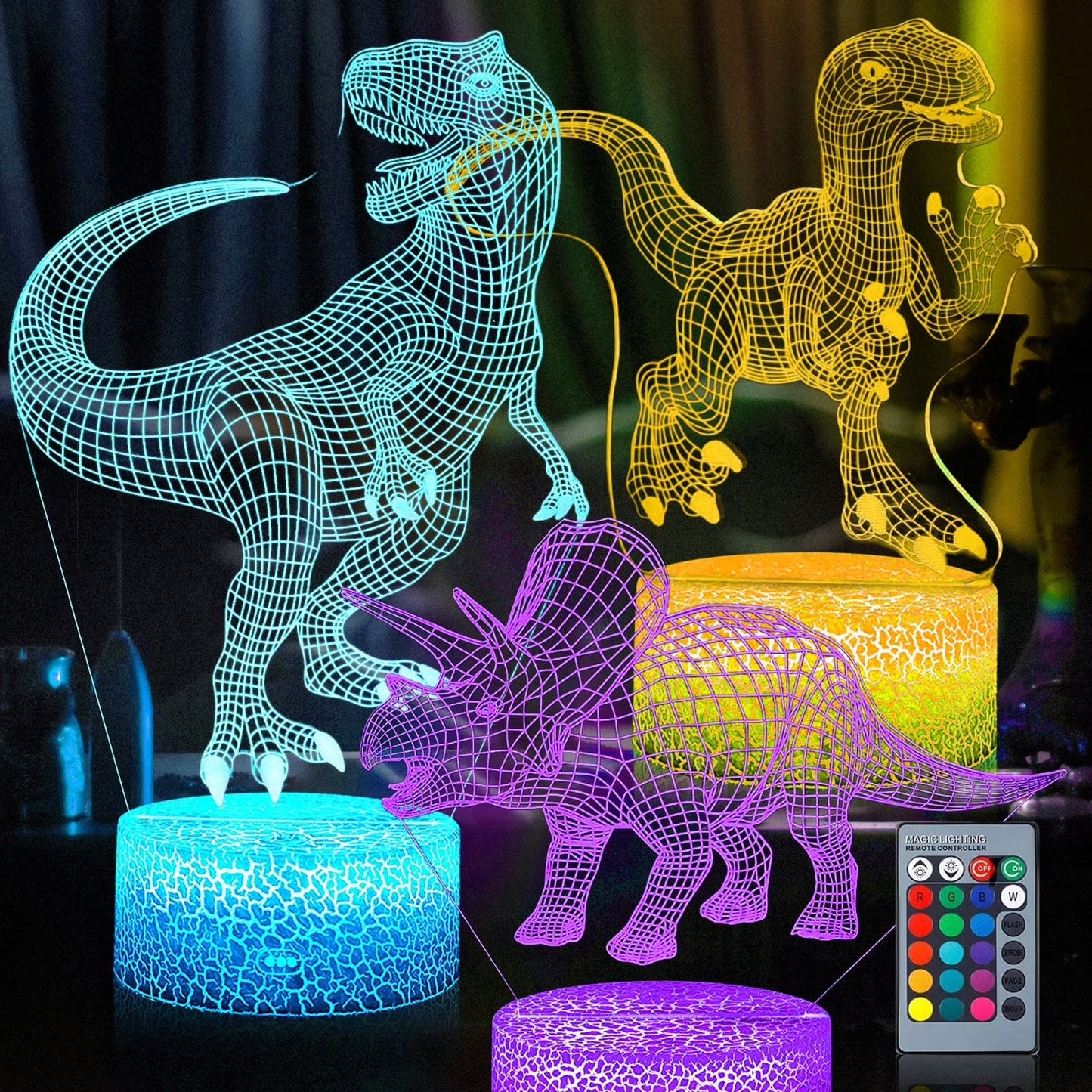 3D Dinosaur Night Light - 7-Color LED Lamp W/ Remote, Kids Room Decor