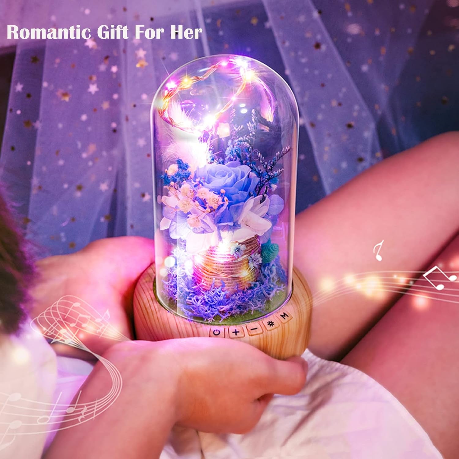SWEETIME Blue Rose Lamp Real Preserved Rose in Glass Dome, Forever Flower Night Light with Bluetooth Speaker, Eternal Flowers Rose Musical Box Gift for Her on Mother'S Day, Birthday, Valentine Day.