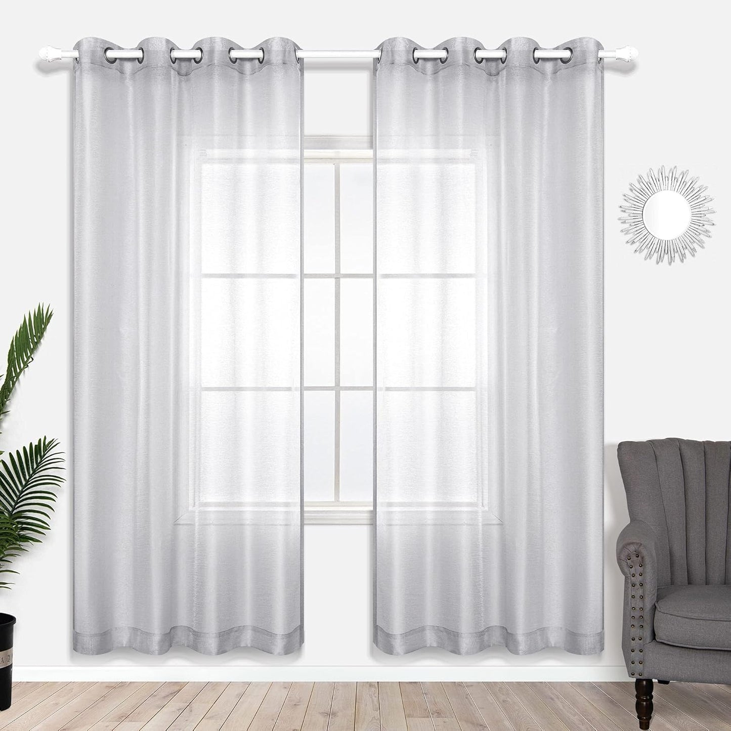 KOUFALL Silver Sheer Curtains, Luxury Curtain for Living Room Bedroom, Light Grey Grommet Backdrop Curtains for Party, 52 X 84 Inch Length, 2 Panels Set, Gray