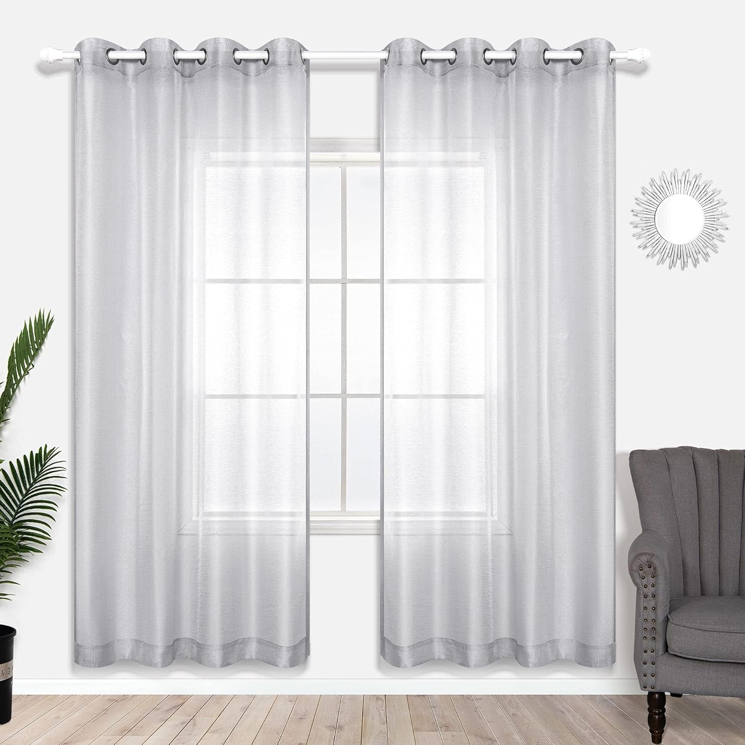 KOUFALL Silver Sheer Curtains, Luxury Curtain for Living Room Bedroom, Light Grey Grommet Backdrop Curtains for Party, 52 X 84 Inch Length, 2 Panels Set, Gray
