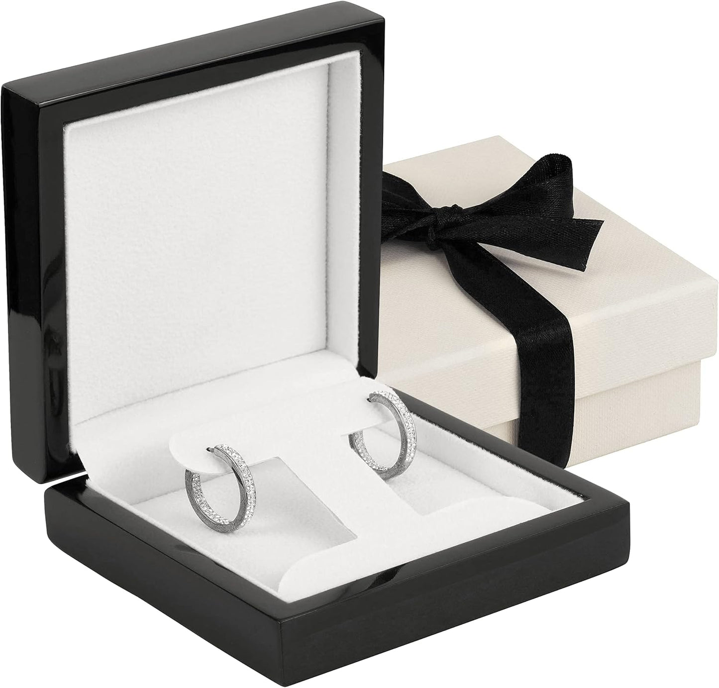 Noble Piano Wood Ring Box - Luxury Engagement Ring Box for Proposal Ring or Special Occasions - Comes with a Two Piece Packer and Ribbon (Black)