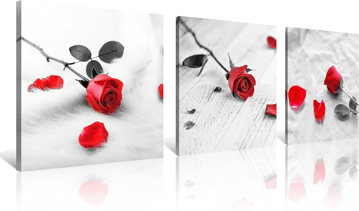 NAN Wind Canvas Print 3 Pcs Black and White Red Rose Canvas Art Painting Abstract Wall Art Decorations Flower Picture on Canvas for Home Decor Stretched and Framed (16X16Inchx3Pcs, A-Rose)