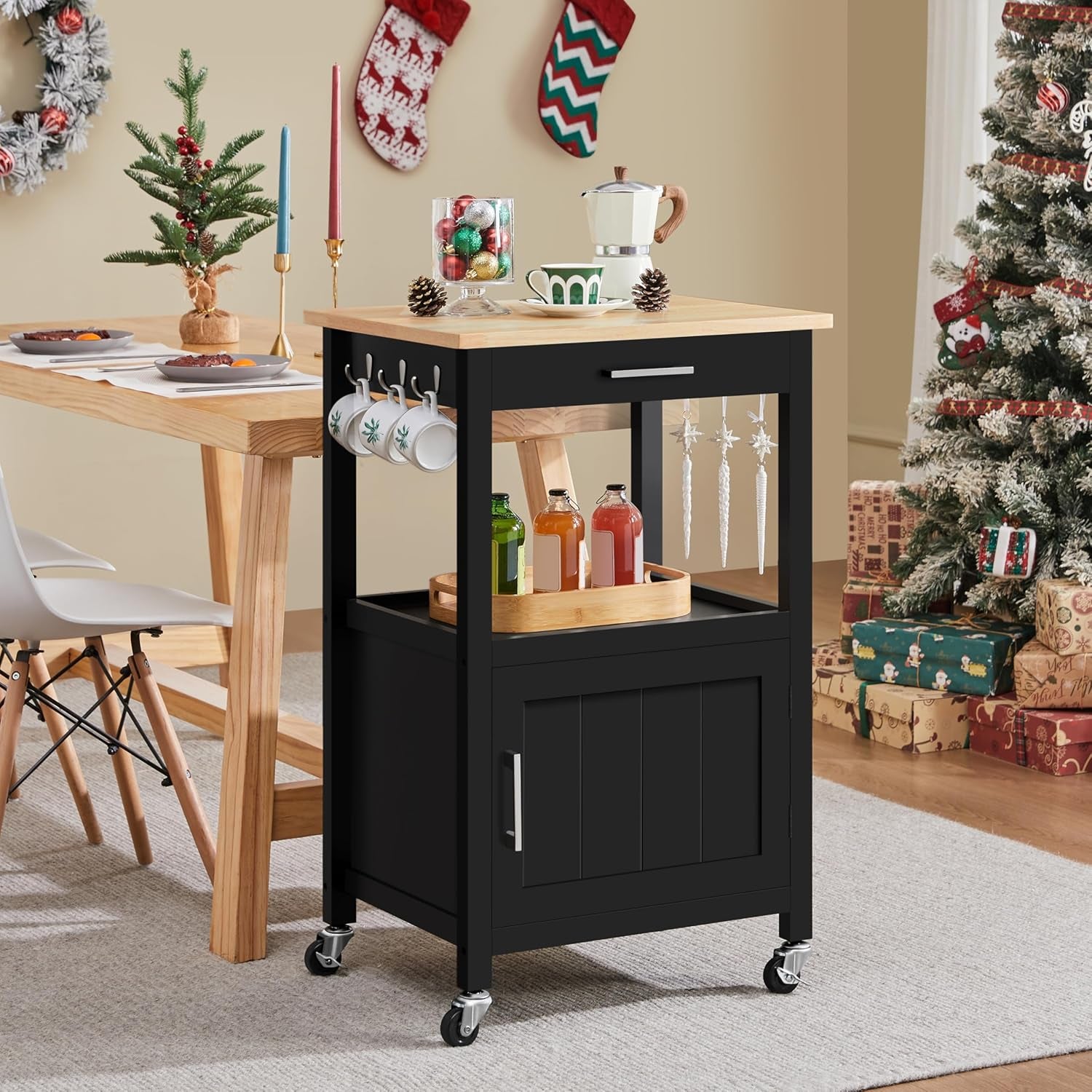 Yaheetech Kitchen Island Cart with Storage, Rolling Kitchen Island on Wheels with 6 Side Hooks, Wood Top Microwave Cart with Drawer for Dining Room, Black