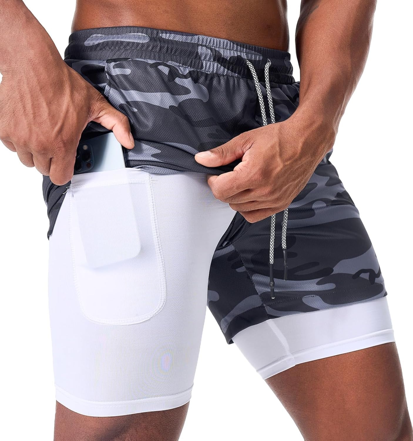 Surenow Men'S Athletic Running Shorts Quick Dry Workout Shorts 2 in 1 Shorts 5" Gym Running Shorts for Men with Phone Pocket