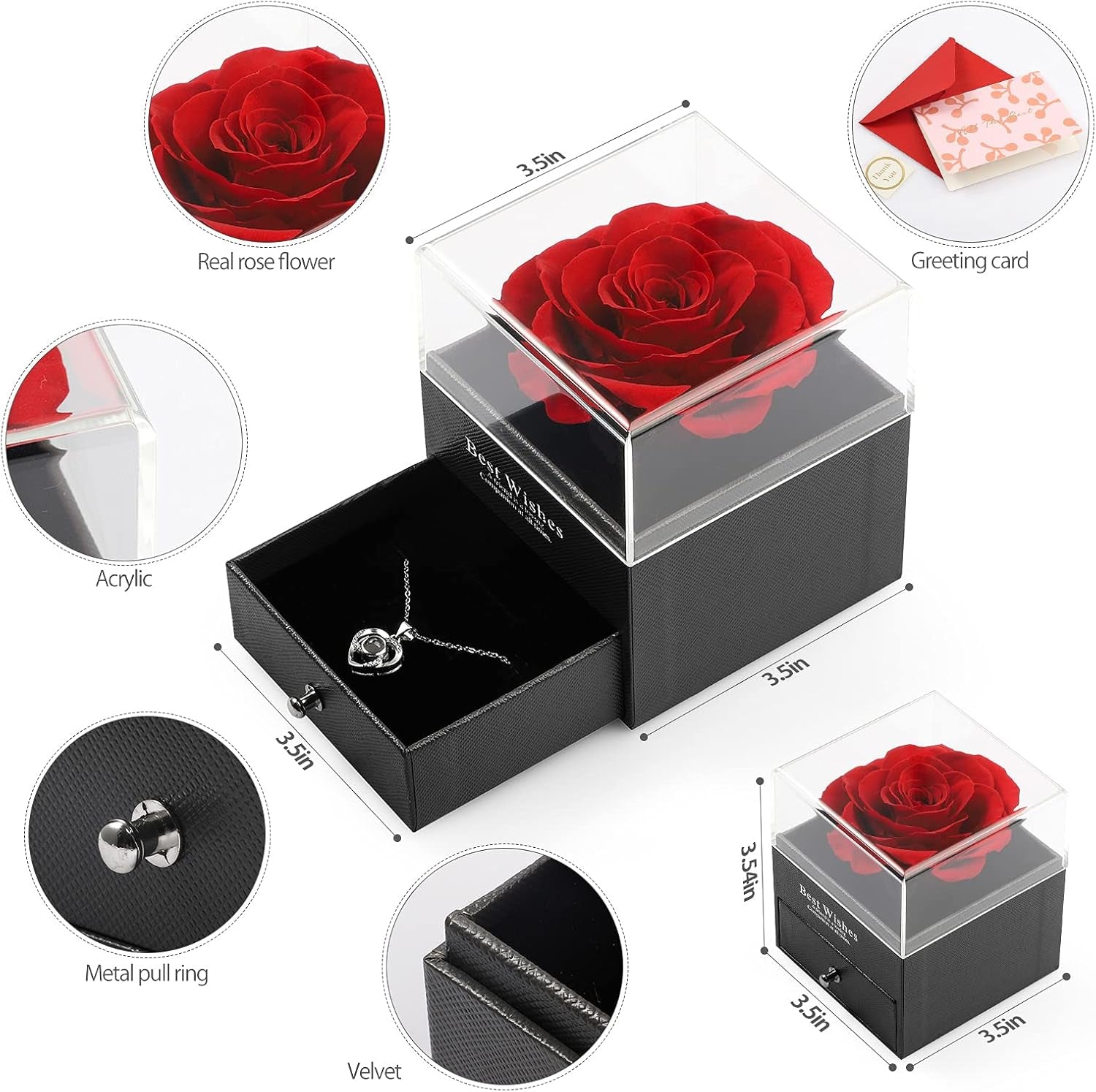 Feeyowipreserved Real Rose with Heart Necklace and Greeting Card. Forever Gifts for Women/Mom/Her/Girlfriend/Wife/Valentine’S Day/Birthday/Anniversary/Thanksgiving/Christmas Wedding (Red)