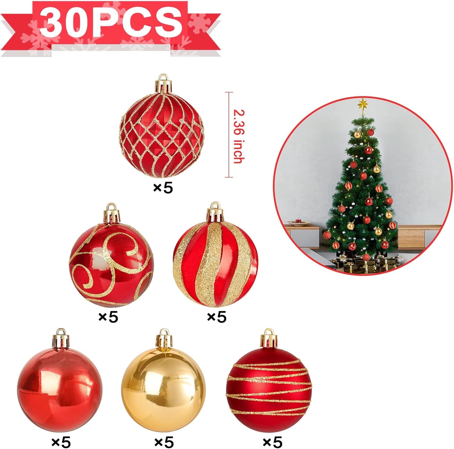 30Pcs Christmas Tree Ball Ornaments Set, Red and Gold, Colored Shatterproof Plastic Decorative Baubles Decorations for Xmas Tree Decor Holiday Party Wedding Decoration, 60Mm/2.36"