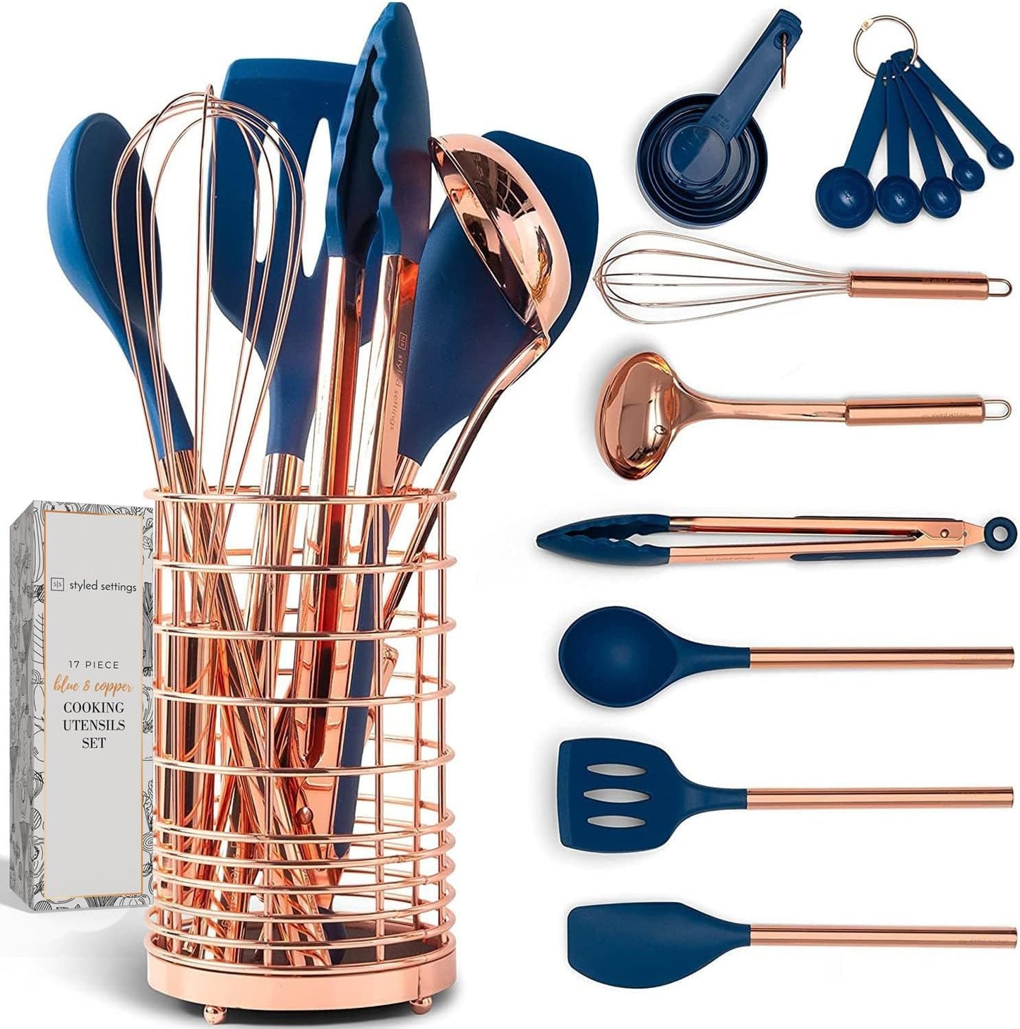 White Silicone and Copper Kitchen Utensils Set with Holder - 17-Piece Rose Gold Cooking Tools for Nonstick Cookware, with Measuring Cups, Spoons, & Utensil Holder - Stylish Copper Kitchen Accessories