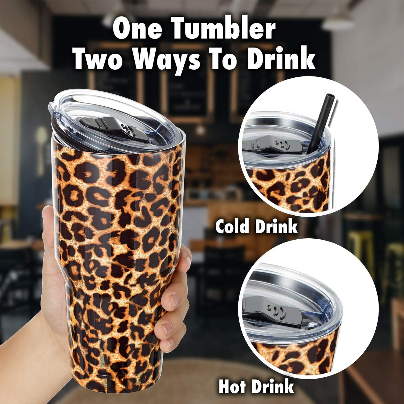 ALOUFEA 30Oz Stainless Steel Tumbler, Insulated Coffee Tumbler Cup with Lid and Straw, Double Walled Travel Coffee Mug for Hot & Cold Drinks (Leopard, 1 Pack)