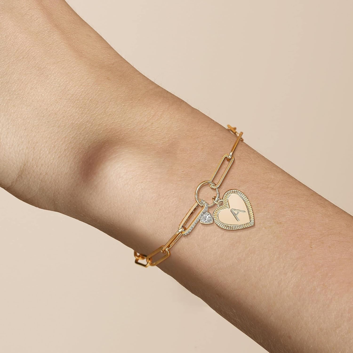 Bemoly Gold Bracelets for Women Dainty Initial Heart Paperclip Letter Bracelet Link Jewelry 14K Gold Plated Chunky Chain Friendship Bracelet