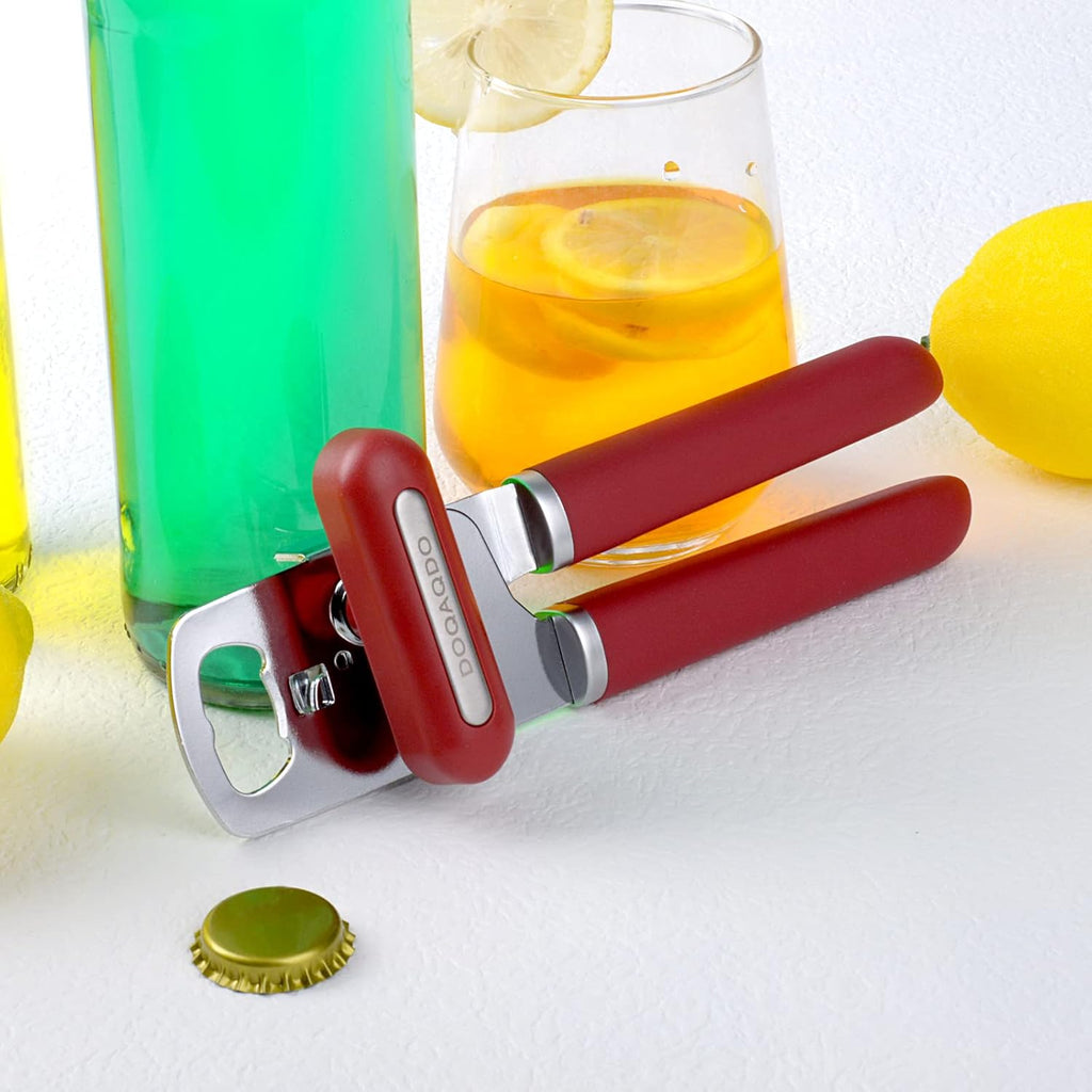 Can Opener Manual Portable Handheld Heavy Duty Hand Can Opener Smooth Edge, Comfortable Grip Safety Can Openers, Sharp Cutting Wheel, Easy Turn Knob, Built in Bottle Opener(Red)