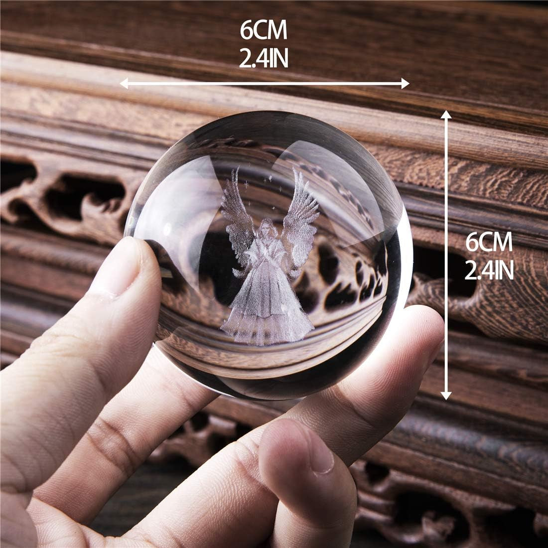 HDCRYSTALGIFTS 3D Angel Figurines Crystal Ball 60Mm Laser Engraved Paperweight Glass Guardian Angel Full Sphere Home Art Decor Gift Crafts(Clear)