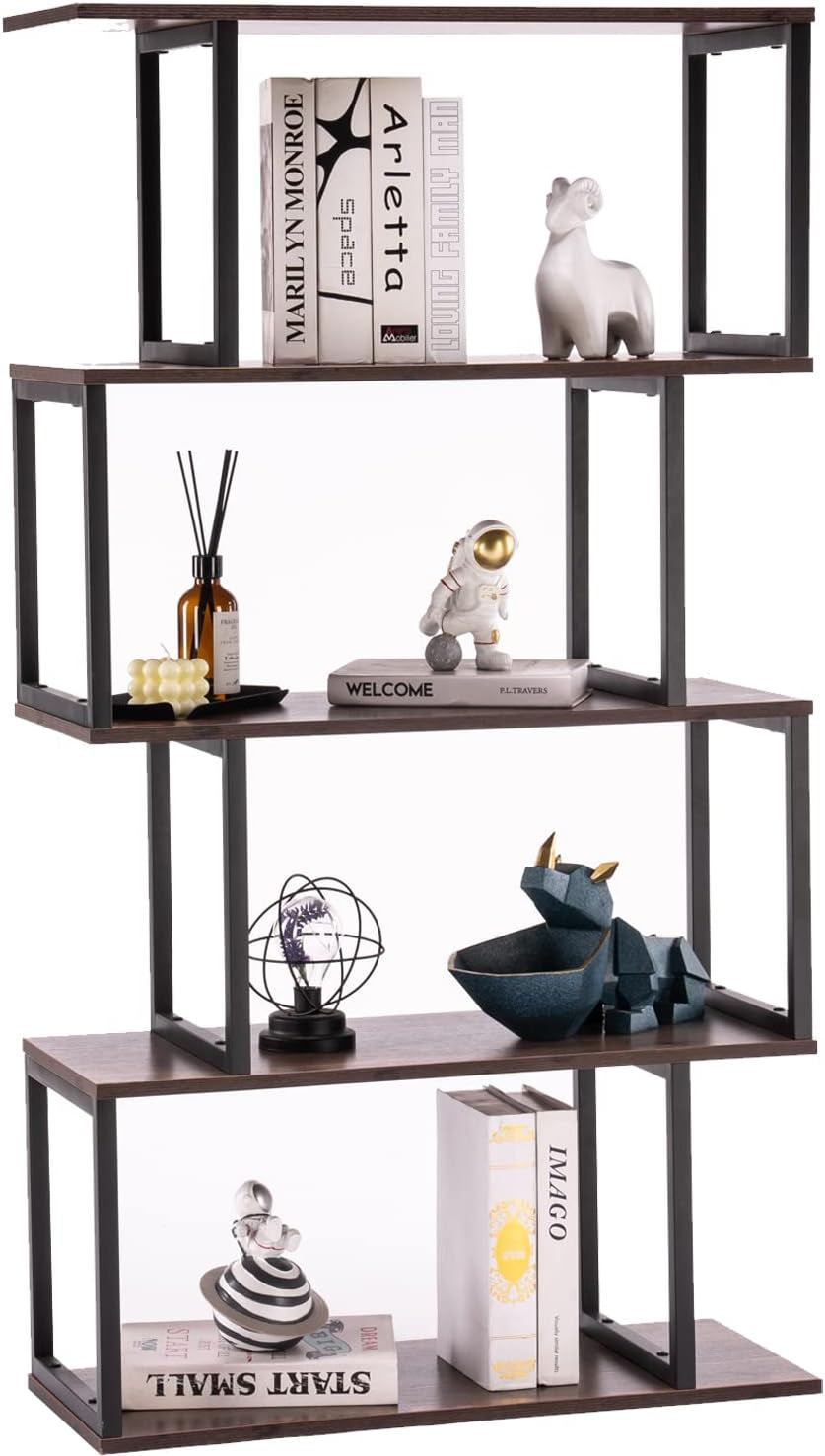 Apicizon Industrial Bookshelves Wooden Bookcase, 4-Tier Bookshelf, S-Shaped Bookshelf Modern Bookshelf, Freestanding Decorative Storage Shelving for Living Room Home Office, Rustic Brown