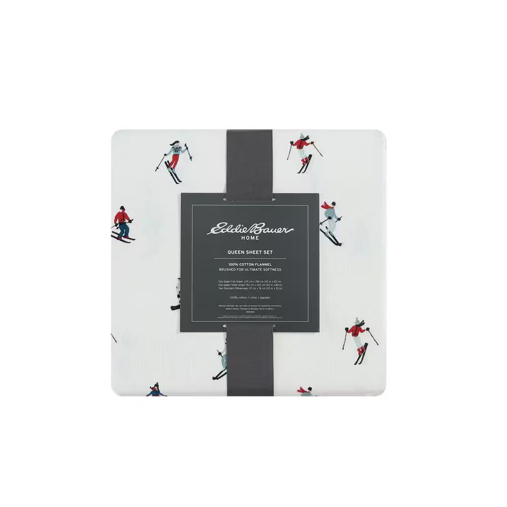 Ski Slope 4-Piece White and Multi-Colored Graphic Flannel King Sheet Set