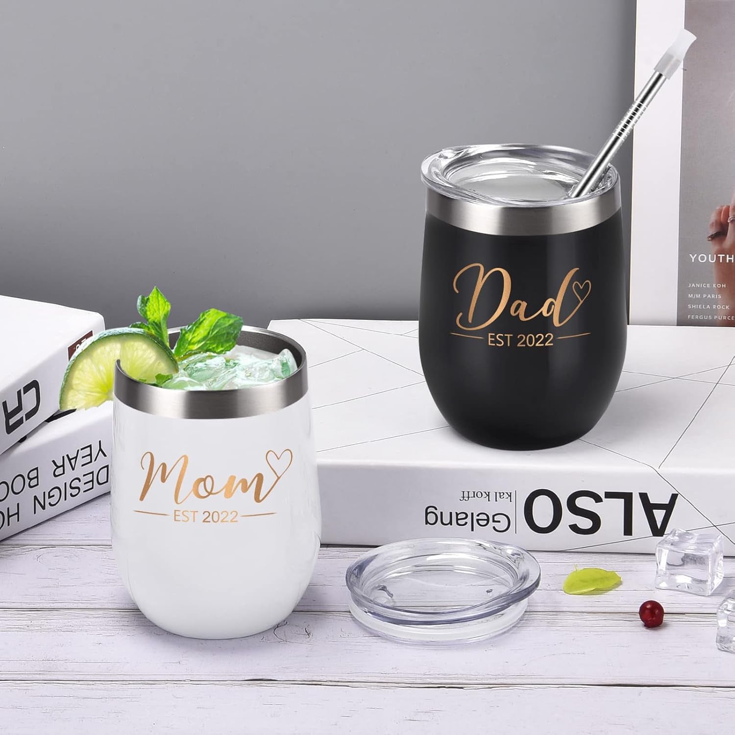 YOUNGFIT Natubeau New Parents Gift - Mom Dad Est 2022 Wine Tumbler Set for New Mom Dad Baby Shower New Parents New Pregnancy Baby Announcement, 12 Oz Insulated Stainless Steel Wine Tumbler, Set of 2