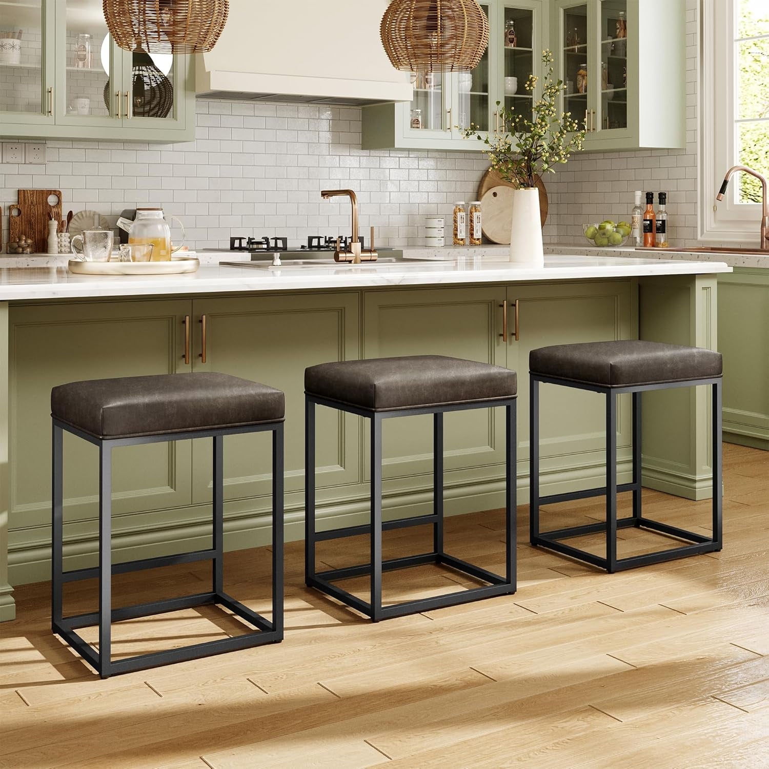 MAISON ARTS Counter Height 24" Bar Stools Set of 2 for Kitchen Counter Backless Modern Barstools Industrial Upholstered Faux Leather Stools Farmhouse Island Chairs, (24 Inch, Brown)