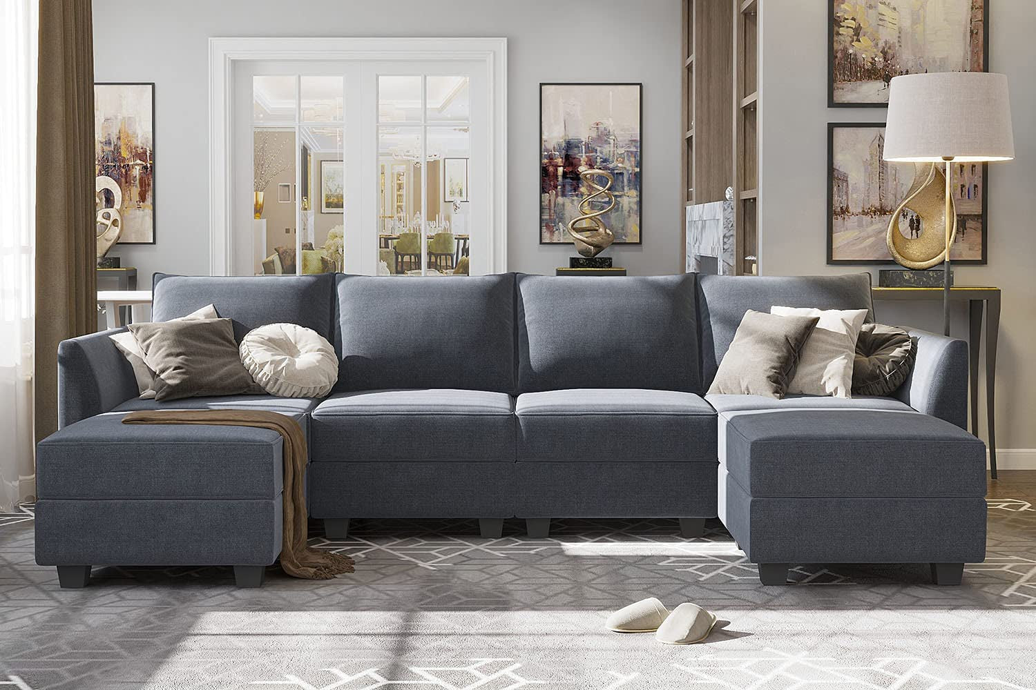 HONBAY Modular Sectional Sofa U Shaped Sectional Couch with Reversible Chaise Modular Couch with Storage, Bluish Grey