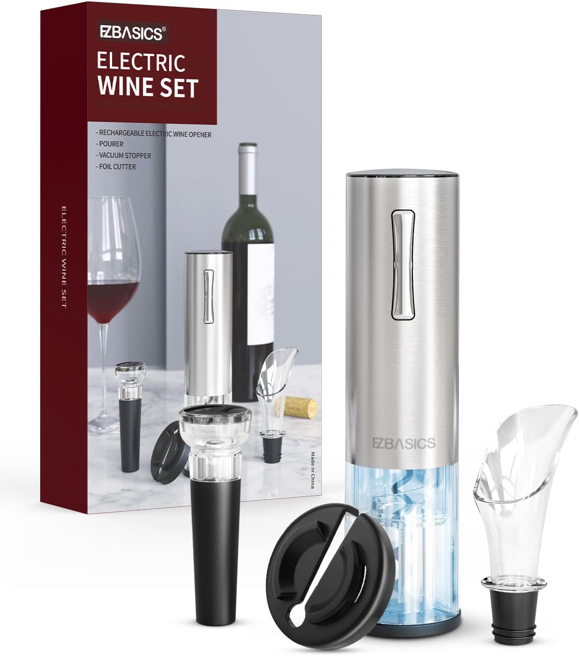 EZBASICS Electric Wine Opener, Automatic Wine Bottle Opener Set with Foil Cutter Vacuum Stopper and Wine Aerator Pourer for Wine Lovers Gift Home Kitchen Party Bar Wedding Rechargeable, Silver