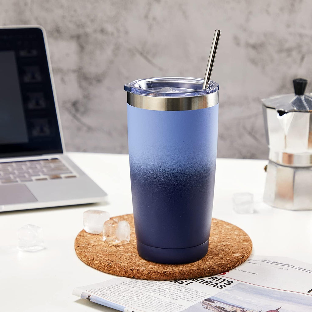 20Oz/4 Pack Stainless Steel Coffee Tumbler with Lid and Straw, Double Wall Vacuum Insulated Travel Mug, Durable Powder Coated Coffee Cups for Hot & Cold Drink (Pansy, 4 Pack)