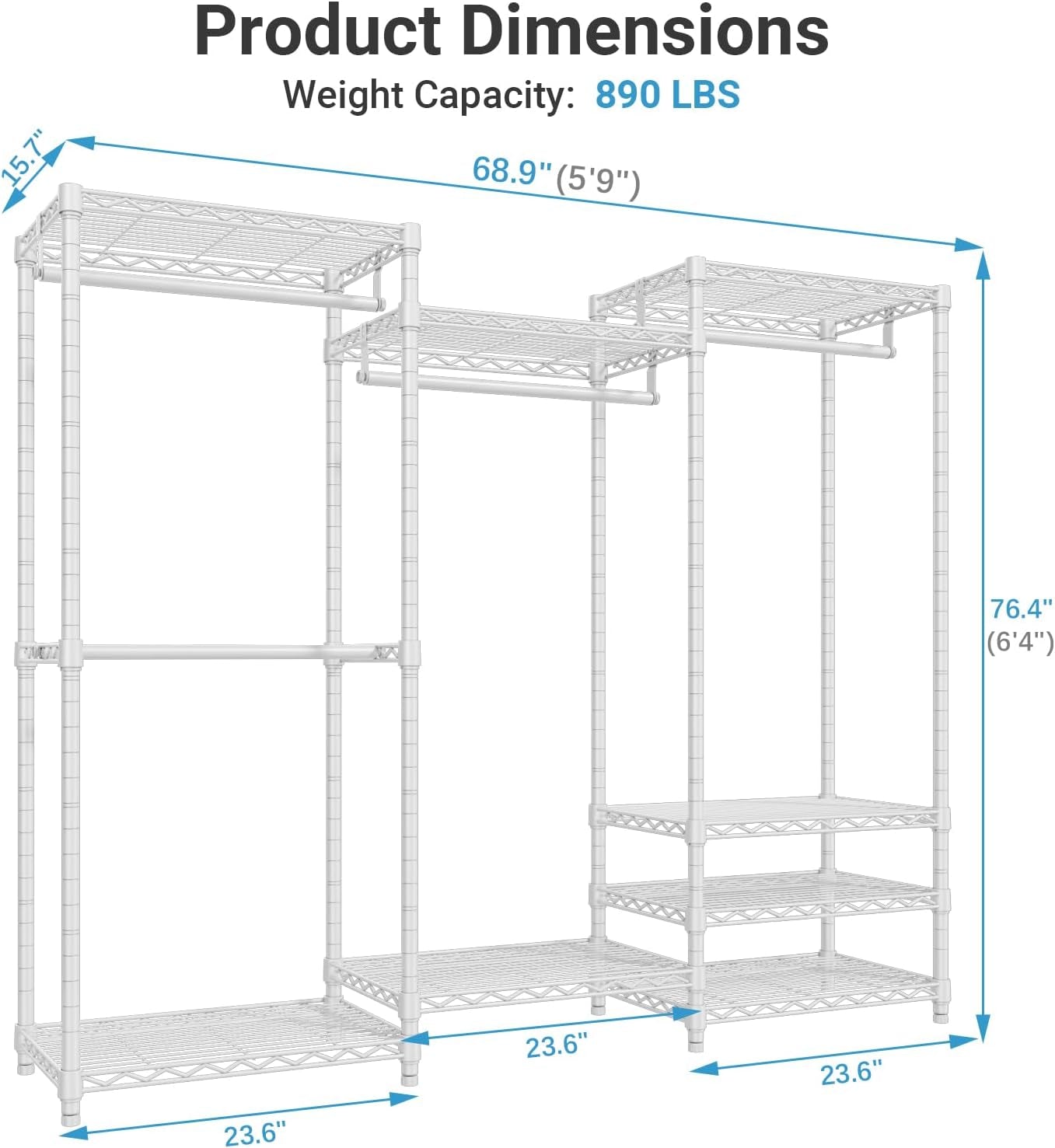 VIPEK V5 Portable Closet Wardrobe Heavy Duty Clothes Rack, Freestanding Clothing Racks with 4 Hang Rods & 8 Shelves, Adjustable Custom Closet Racks, 68.9" L X 15.7" W X 76.4" H, Max Load 800LBS, White