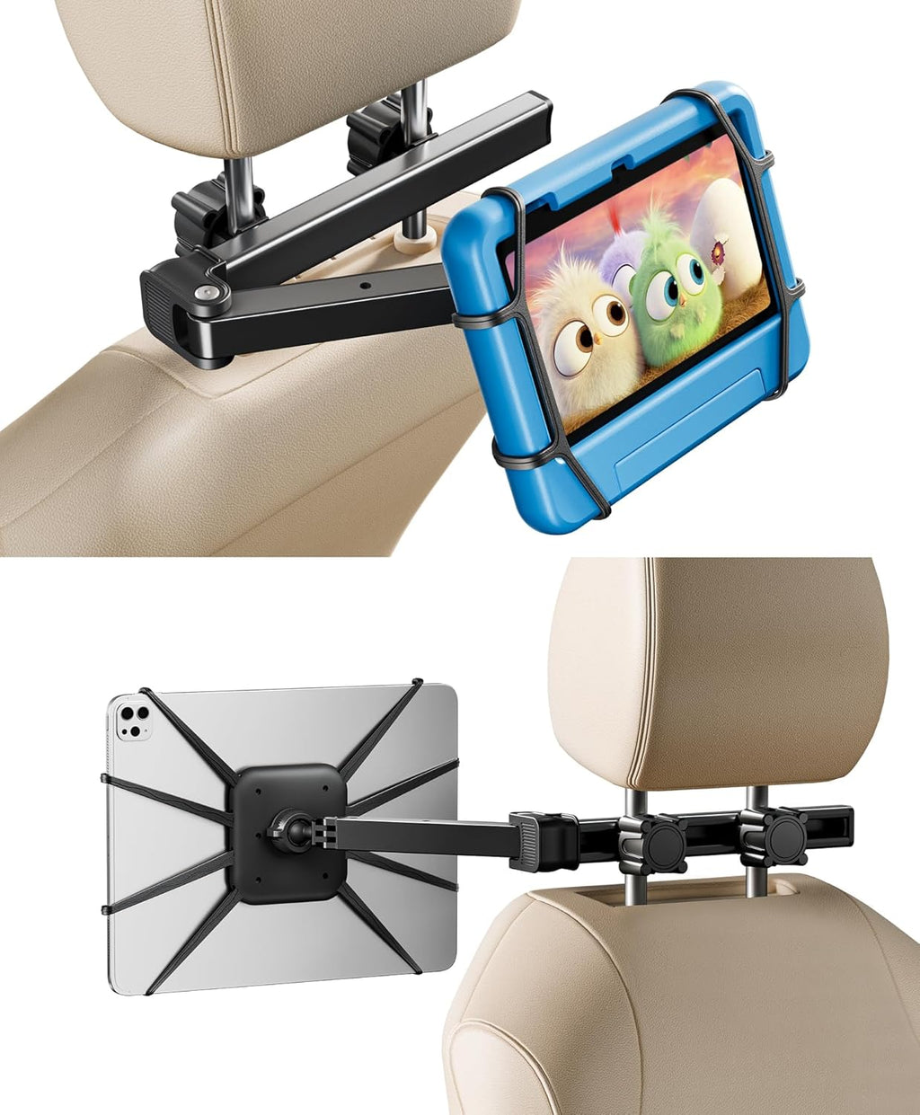 FANGOR Car Headrest Mount Holder, Tablet Holder for Kids in Back Seats, Anti-Slip Strap and Holding Net,Angle-Adjustable/Fits All 7 Inch to 12.9 Inch Tablets