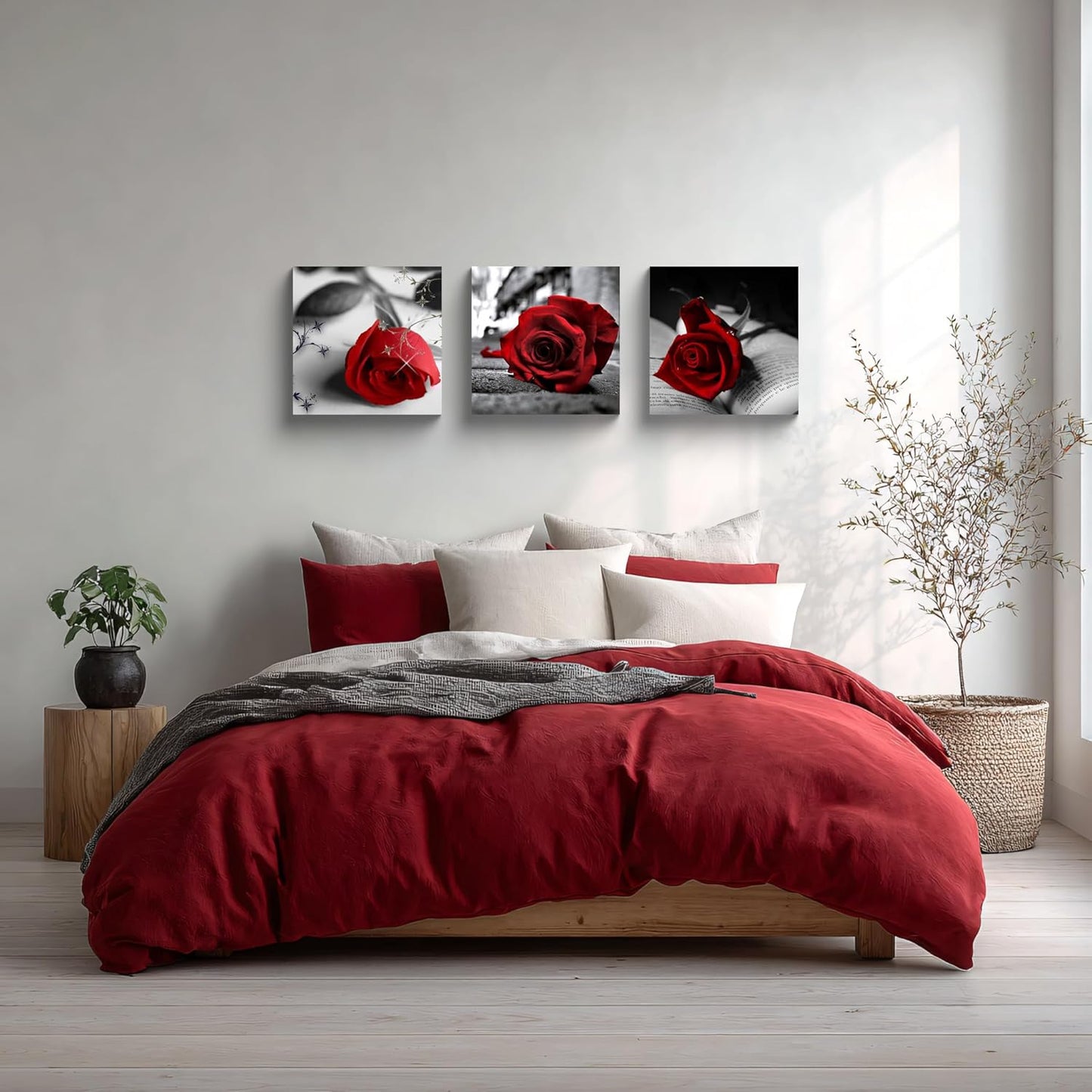 NAN Wind Canvas Print 3 Pcs Black and White Red Rose Canvas Art Painting Abstract Wall Art Decorations Flower Picture on Canvas for Home Decor Stretched and Framed (16X16Inchx3Pcs, A-Rose)
