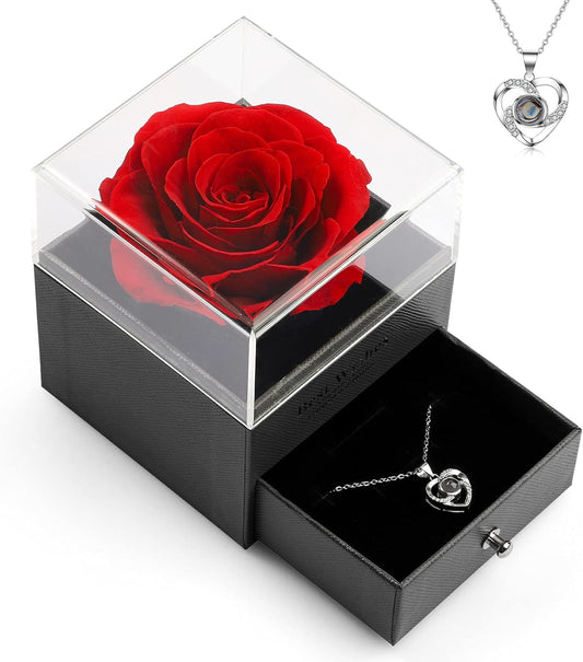 Feeyowipreserved Real Rose with Heart Necklace and Greeting Card. Forever Gifts for Women/Mom/Her/Girlfriend/Wife/Valentine’S Day/Birthday/Anniversary/Thanksgiving/Christmas Wedding (Red)