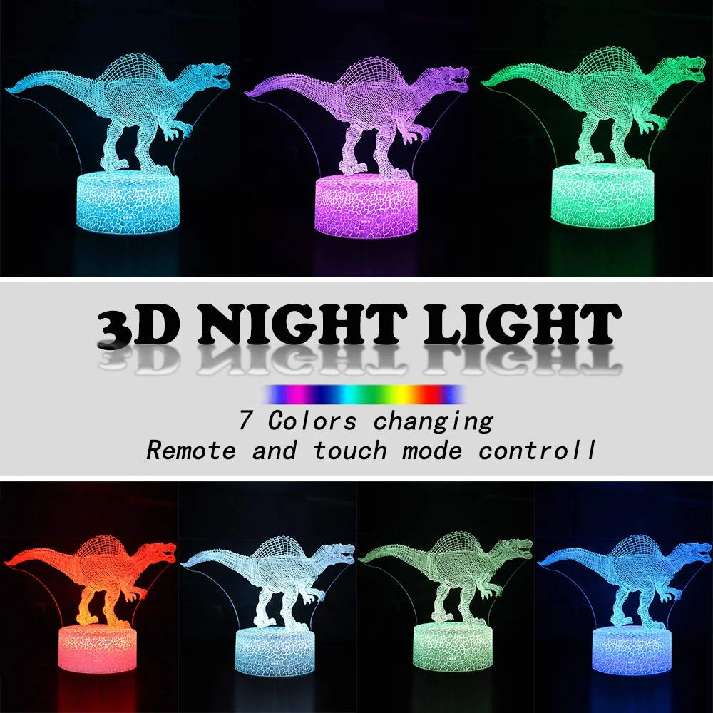 3D Dinosaur Night Light - 7-Color LED Lamp W/ Remote, Kids Room Decor