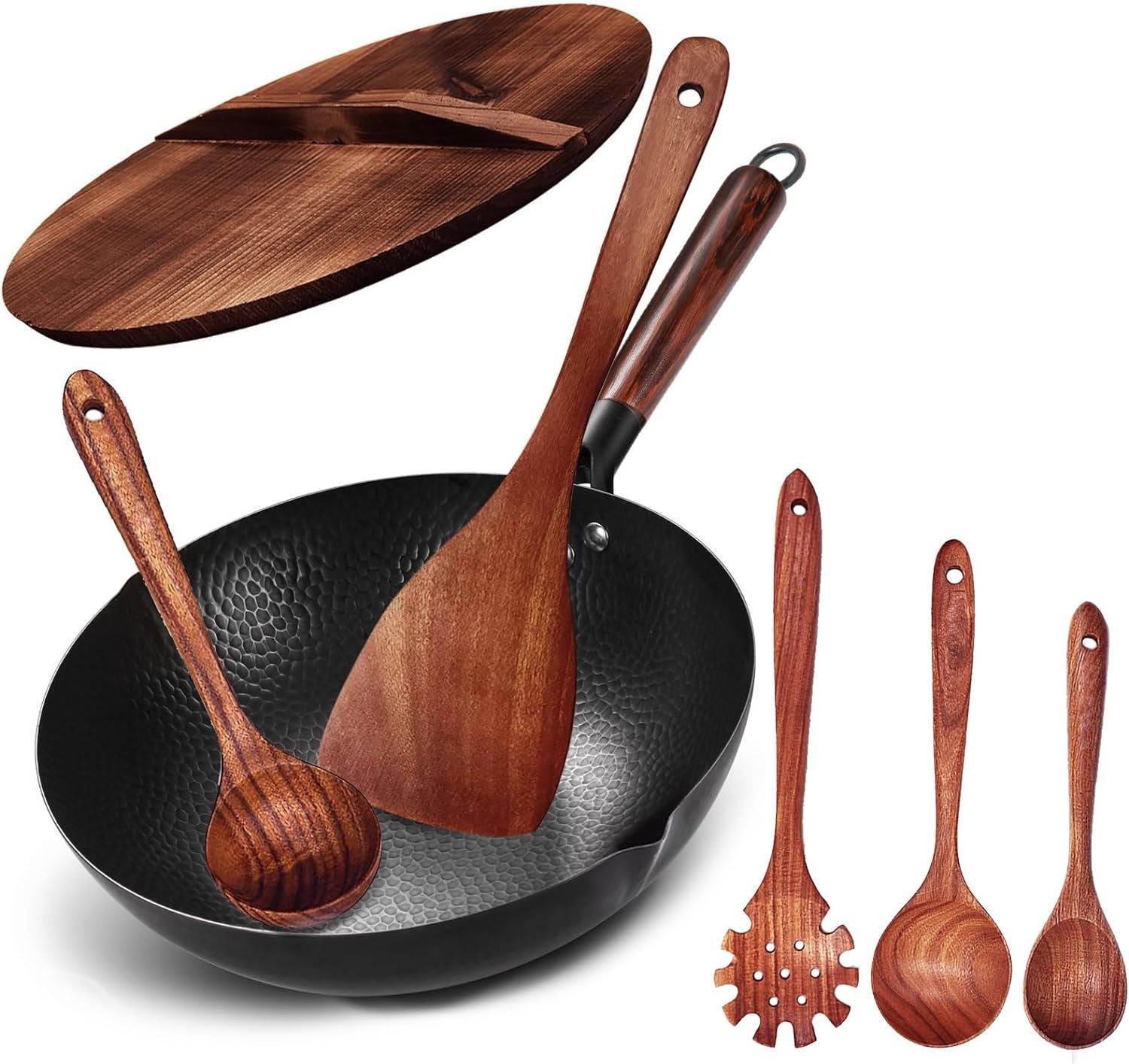 Wok Pan 12.5" Carbon Steel Wok Stir Fry Pan with Lid, Flat Bottom Chinese Wok Set with 6 Utensils Cookware Accessories for All Stoves