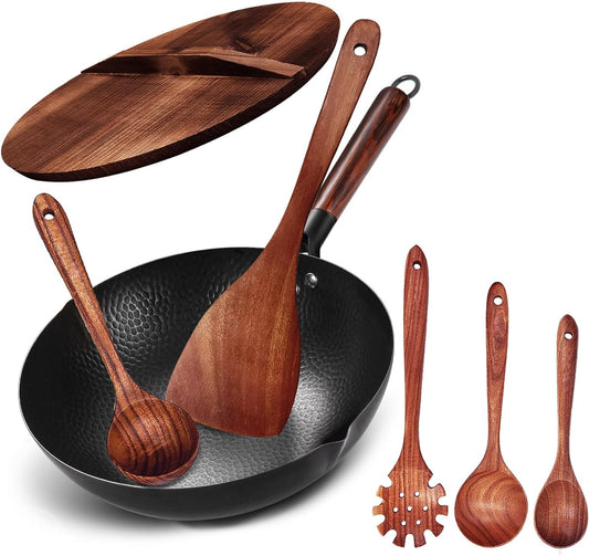 Wok Pan 12.5" Carbon Steel Wok Stir Fry Pan with Lid, Flat Bottom Chinese Wok Set with 6 Utensils Cookware Accessories for All Stoves