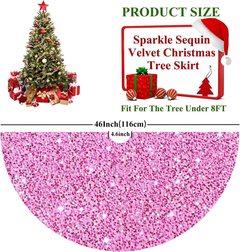FUHSY Christmas Tree Skirt Pink Tree Skirt 46 Inch Sequintree Skirt Velvet Tree Floor Carpet Holiday Ornaments Glittery Xmas Skirt for Thanksgiving Pink Christmas Decorations Christmas Skirt Tree