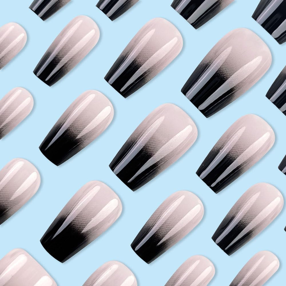 24 Pcs Black White Ombre Press on Nails Short Square - MINGCHUN Summer Fake Nails Press Ons Nails Tips Design Full Cover French False Nails Glue on Nails Stick on Nails Acrylic Nail Art DIY for Women