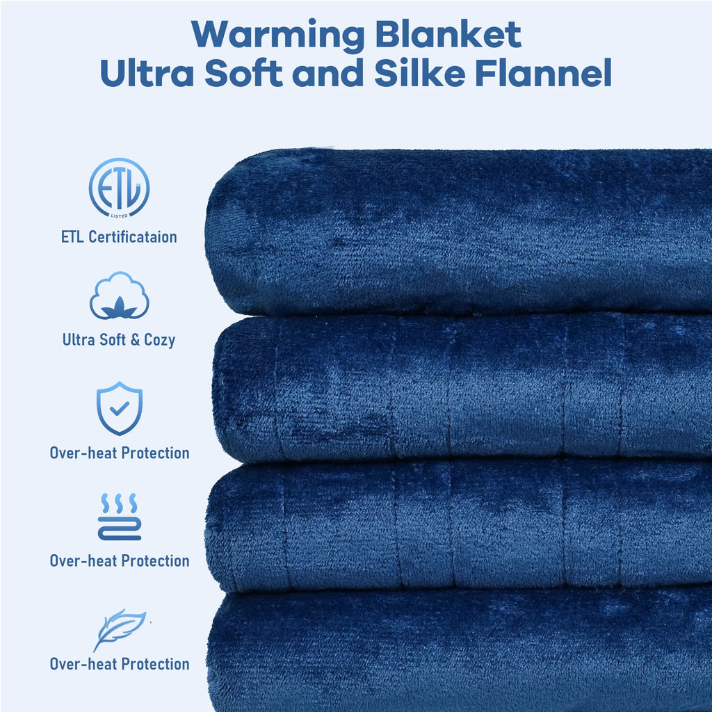 Double-Sided Flannel Electric Heated Blanket Twin, 62"X84" Machine Washable Fast Heating Blanket for Office Bedroom Livingroom - Blue