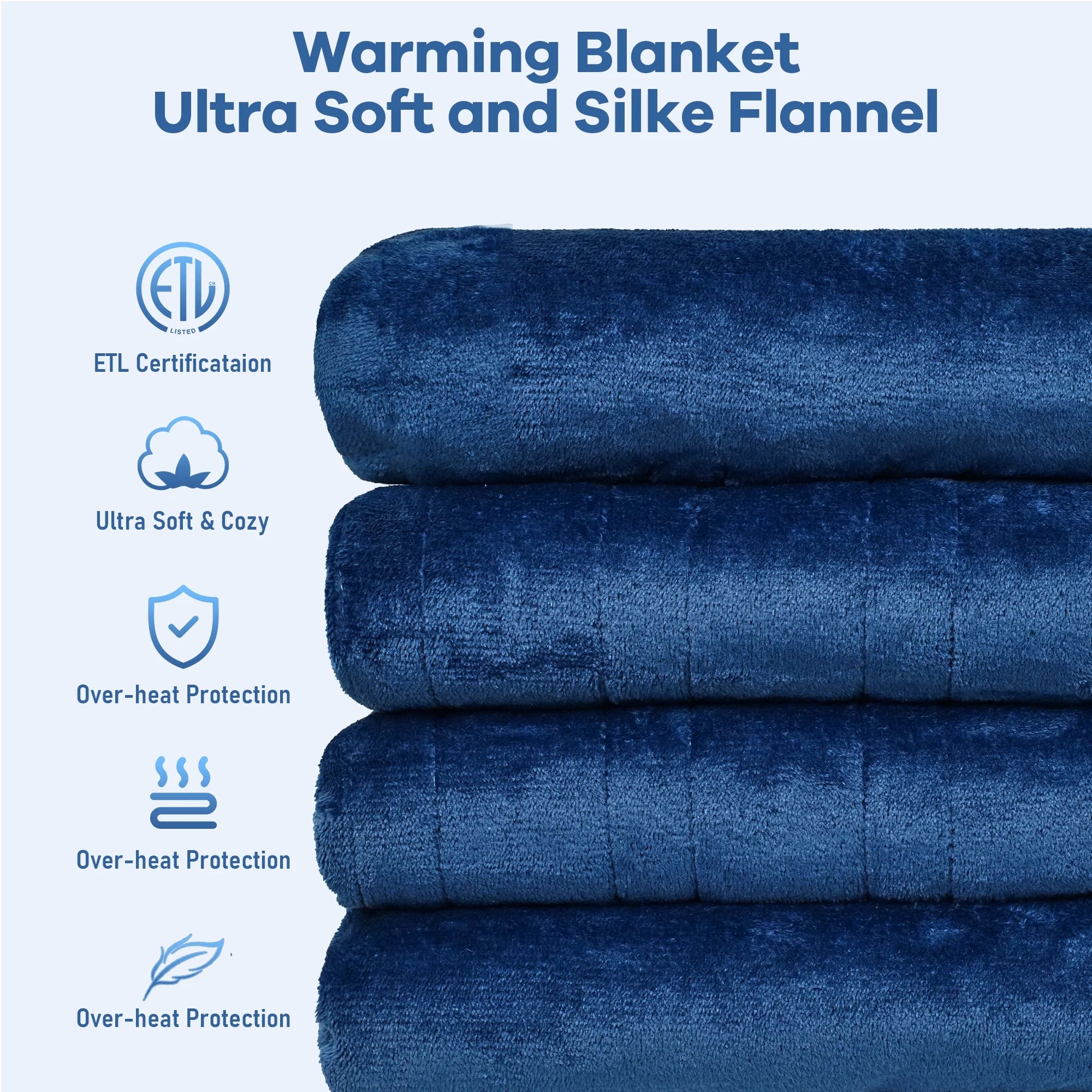 Double-Sided Flannel Electric Heated Blanket Twin, 62"X84" Machine Washable Fast Heating Blanket for Office Bedroom Livingroom - Blue