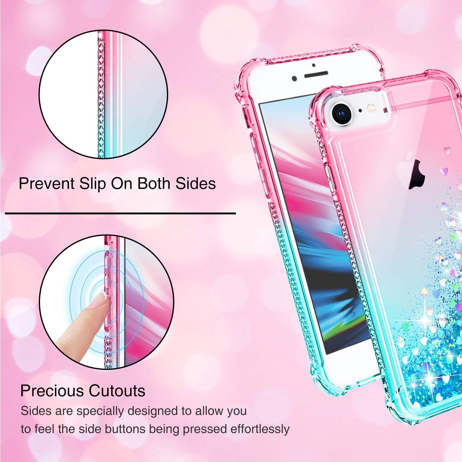 Gritup Iphone SE 2020 Case, Iphone 6/6S/7/8 Case with HD Screen Protector for Girls Women, Cute Clear Gradient Glitter Liquid TPU Slim Phone Case for Apple Iphone SE 2020/6/6S/7/8 Pink/Teal