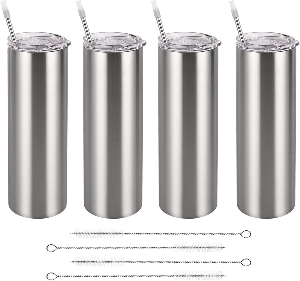 Qtencas Stainless Steel Skinny Tumbler Set, Insulated Travel Tumbler with Closed Lid Straw, Skinny Insulated Tumbler, 20 Oz Slim Water Tumbler Cup for Coffee Water Hot Cold Drinks, Set of 4, Silver