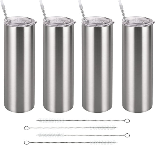 Qtencas Stainless Steel Skinny Tumbler Set, Insulated Travel Tumbler with Closed Lid Straw, Skinny Insulated Tumbler, 20 Oz Slim Water Tumbler Cup for Coffee Water Hot Cold Drinks, Set of 4, Silver