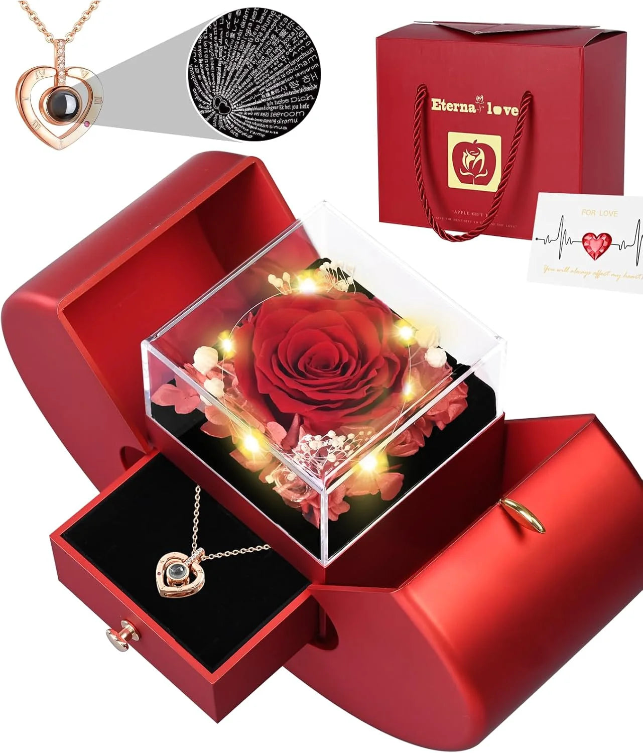Preserved Flower Real Rose with Heart Necklace, Eternal Flower Gift Box for Mom,Girlfriend,Wife,Grandma on Valentine'S Day,Mother'S Day,Anniversary