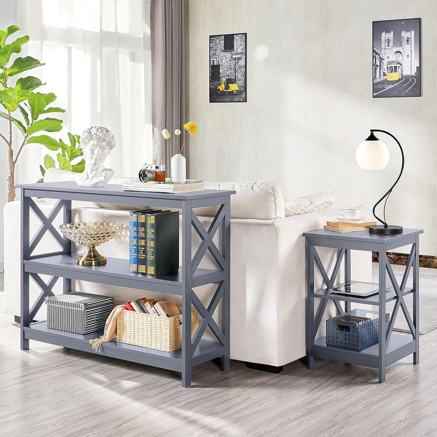 Yaheetech Console Table with 3 Storage Shelves, Entryway Table Sofa Side Table Narrow Long Bookshelf for Hallway Living Room, Accent Furniture, Gray