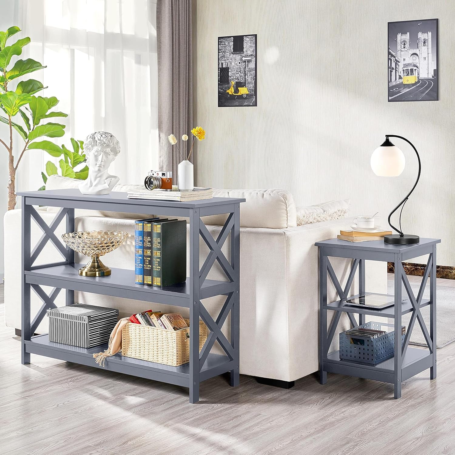 Yaheetech Console Table with 3 Storage Shelves, Entryway Table Sofa Side Table Narrow Long Bookshelf for Hallway Living Room, Accent Furniture, Gray