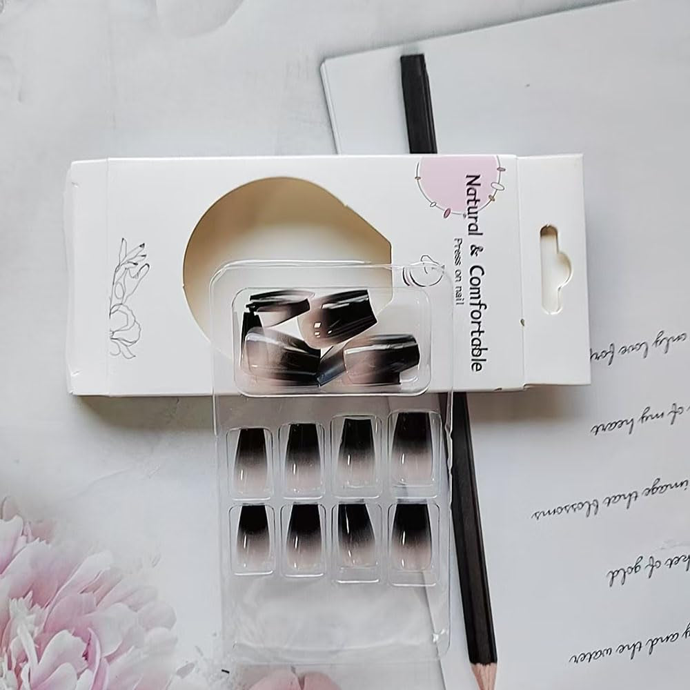 24 Pcs Black White Ombre Press on Nails Short Square - MINGCHUN Summer Fake Nails Press Ons Nails Tips Design Full Cover French False Nails Glue on Nails Stick on Nails Acrylic Nail Art DIY for Women