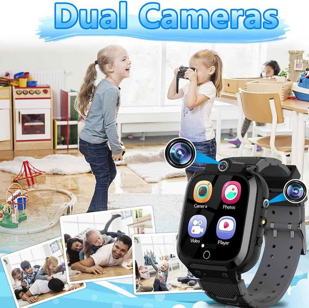 OVV Kids Game Smart Watch for Boys Girls with Dual Camera Video Recording 14 Puzzle Games Music Player Flashlight Alarm Clock Calculator 12/24 Hr Touch Screen Children Age 4-12 Learning Toys (Black)
