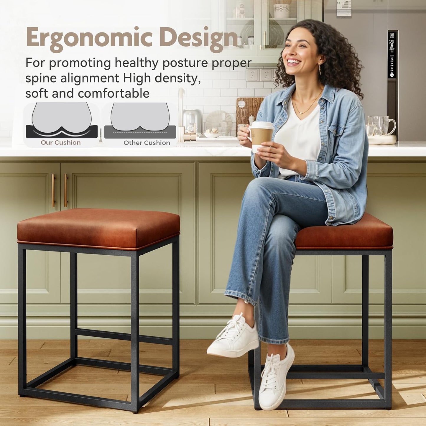 MAISON ARTS Counter Height 24" Bar Stools Set of 2 for Kitchen Counter Backless Modern Barstools Industrial Upholstered Faux Leather Stools Farmhouse Island Chairs, (24 Inch, Brown)