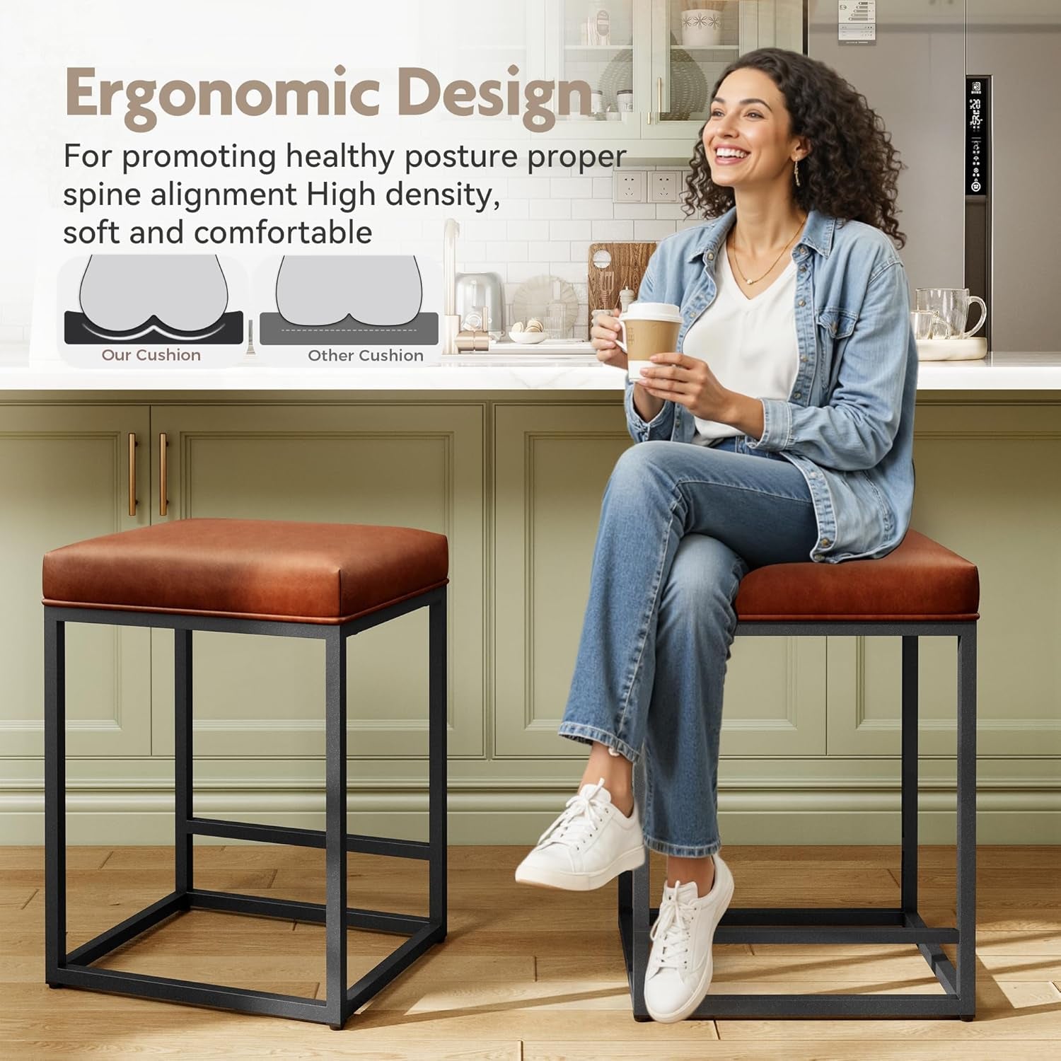 MAISON ARTS Counter Height 24" Bar Stools Set of 2 for Kitchen Counter Backless Modern Barstools Industrial Upholstered Faux Leather Stools Farmhouse Island Chairs, (24 Inch, Brown)